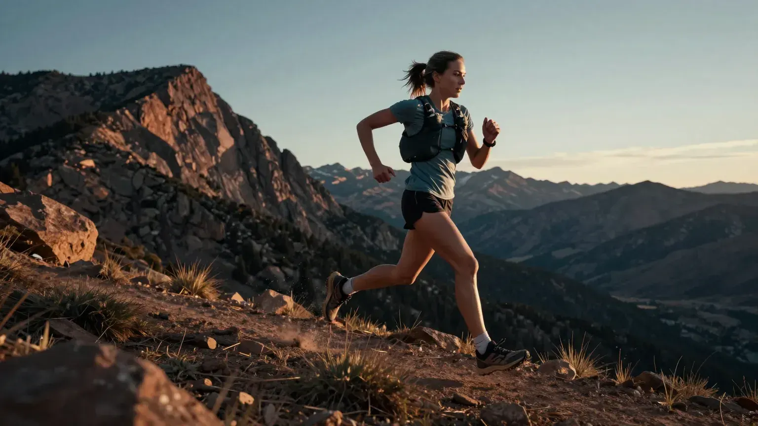 Trail runner mid-stride on a ridge above Denver at sunset